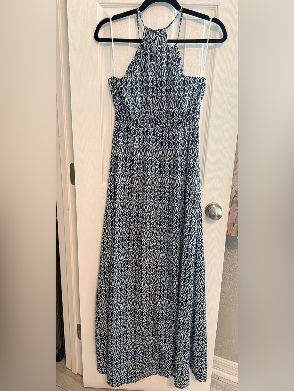 En Creme Blue and White Halter Maxi Dress